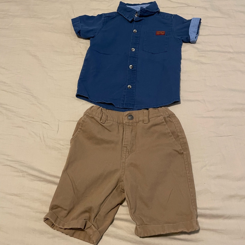 7 For All Mankind Matching Blue Button Down T-Shirt and Khaki Shorts Boys 2T